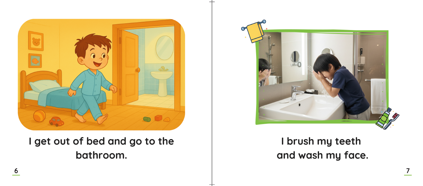 Sample Fruition book spread pairing an illustration with a child's real photograph